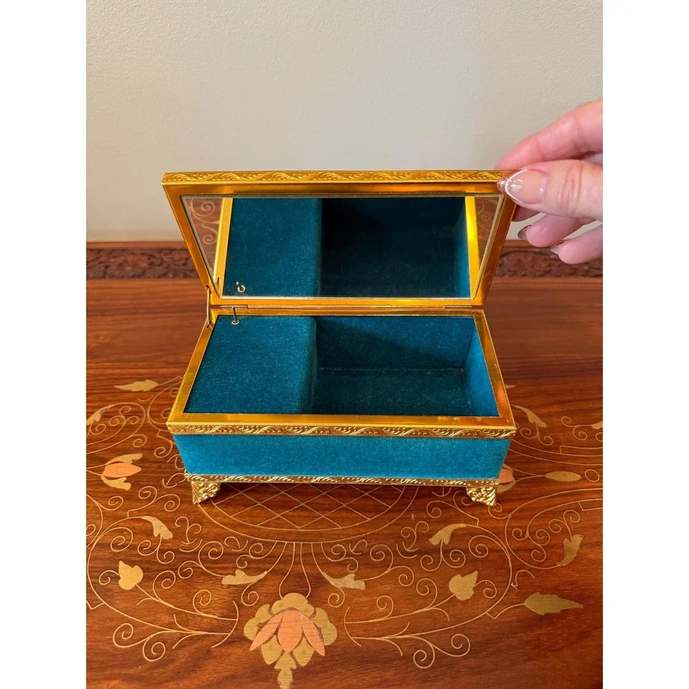 Vintage Japan Velvet Jewelry Box - Music Box with Gold‎ Ormolu & Rose Lid